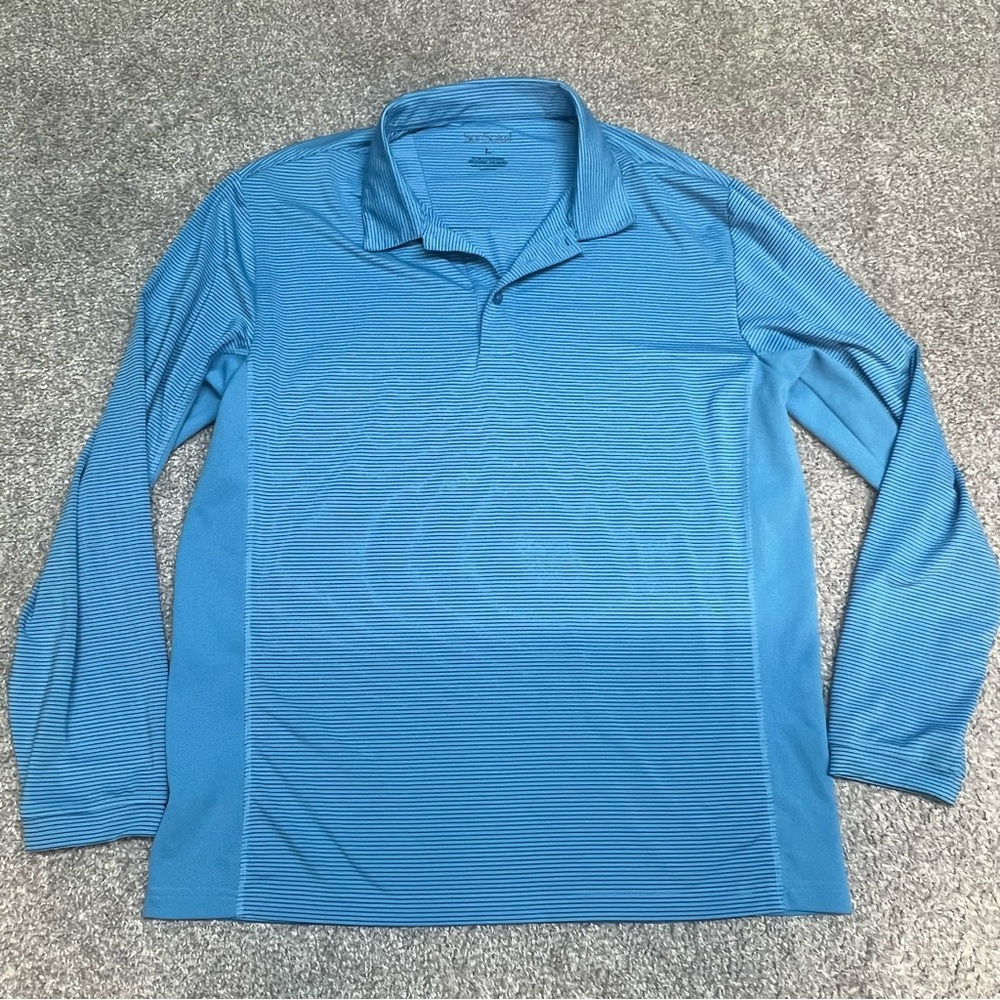 San Soleil Shirt Men’s Large Blue Striped Polo Long Sleeve UV 50+ Cooling Golf - Picture 2 of 7